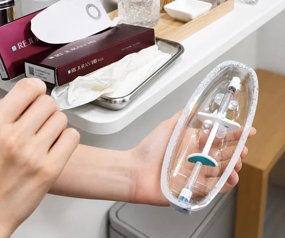 An injectable product package being opened in front of the patient