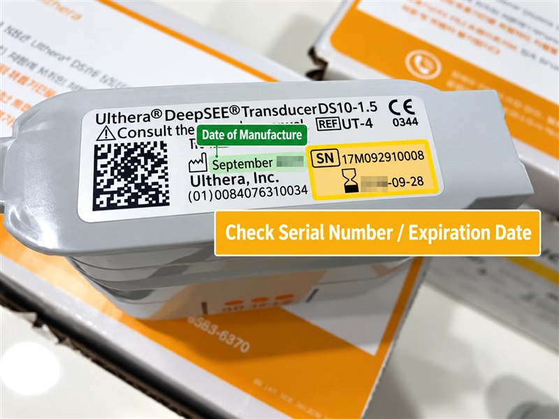 Ultherapy transducer label showing the serial number and expiration date